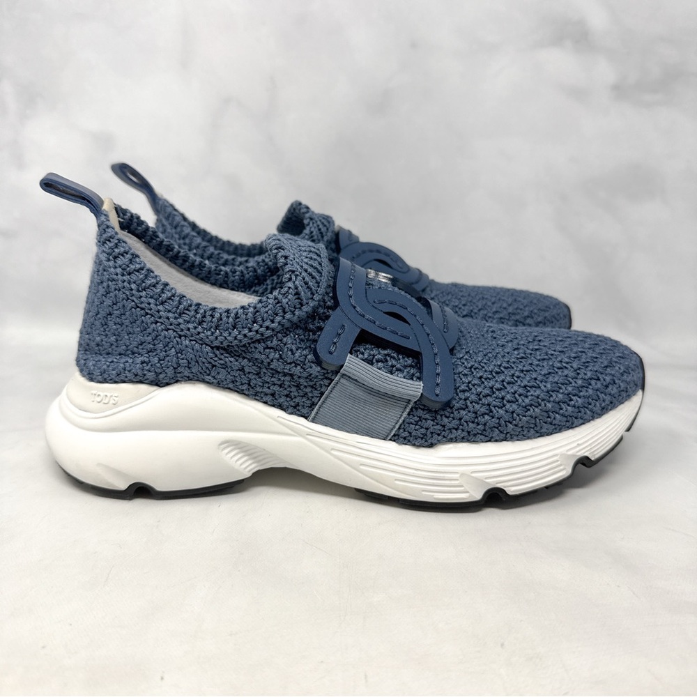 Tod's Kate Crochet Technical Knit Leather Slip On Sneaker Shoes Blue Athleisure - Picture 3 of 15